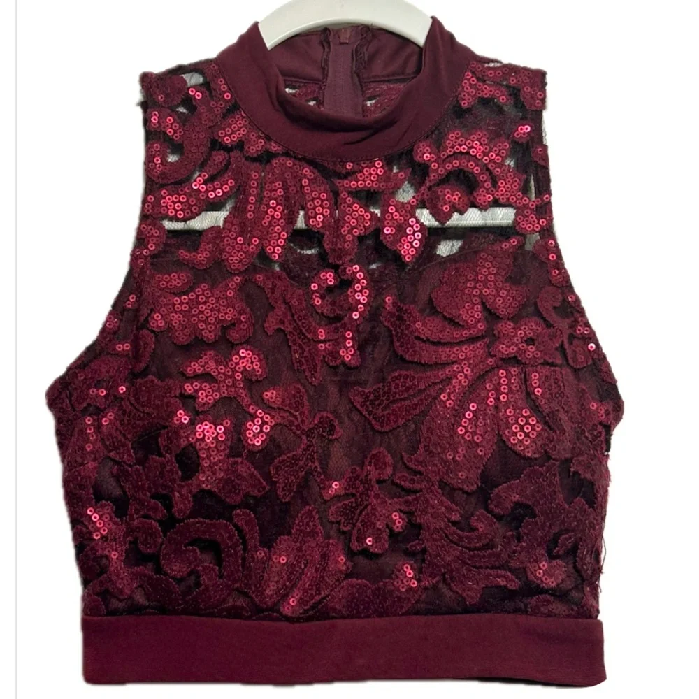 Sparkling Elegance Speechless Burgundy Lace Sequin‎ Crop Top Size Adult 0 Dance